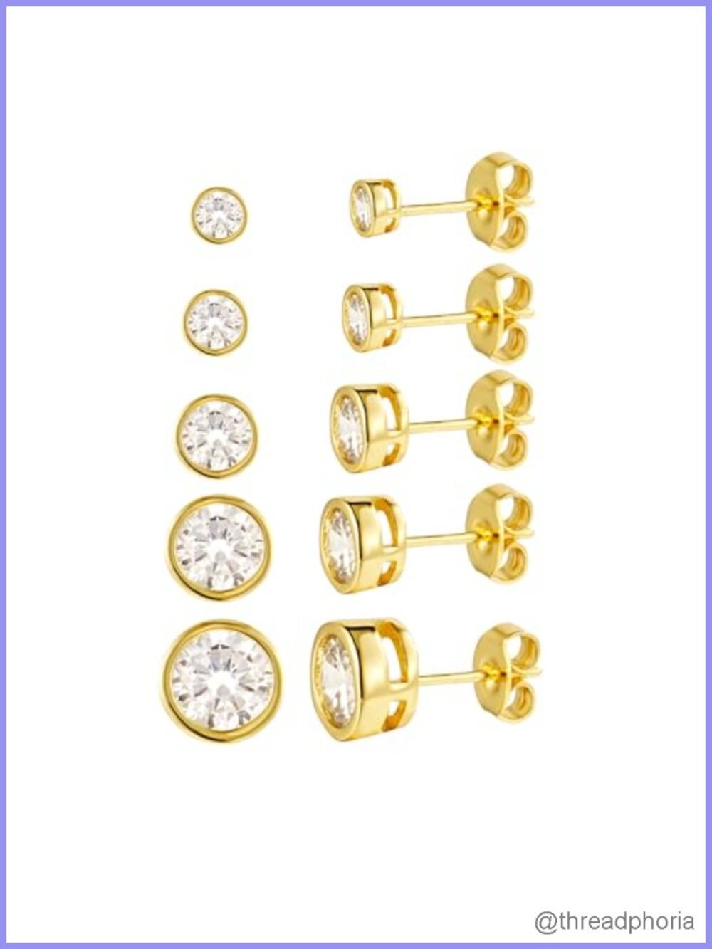 5 Pairs CZ Stud Earrings Set Gold Plated Brass Hypoallergenic 3-7mm